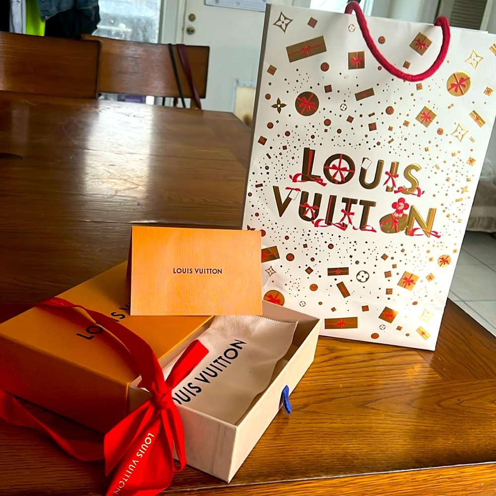 Slider, LV box and shopping bag.the slider fits, full size wallet,